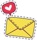 Vibrant vector illustration of a yellow envelope with a playful heart speech bubble, designed as a cute patch badge
