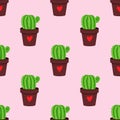 Bright vector seamless cactus in the pot with heart pattern. Royalty Free Stock Photo