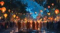 A Vesak procession with monks in saffron robes moving through a street with lanterns. AI Generated Royalty Free Stock Photo