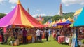 A vibrant village fair with colorful tents and stalls.