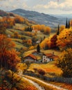 Vibrant Village Landscape Isometric Painting Serbia Art Valley Houses Trees