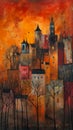 Vibrant Village Nights: A Golden Palette of Houses and Castles o