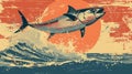 A vibrant vintage travel poster-inspired illustration for World Tuna Day, featuring a dynamic tuna against an orange Royalty Free Stock Photo