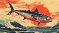 A vibrant vintage travel poster-inspired illustration for World Tuna Day, featuring a dynamic tuna against an orange Royalty Free Stock Photo