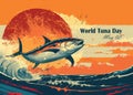 A vibrant vintage travel poster-inspired illustration for World Tuna Day, featuring a dynamic tuna against an orange Royalty Free Stock Photo