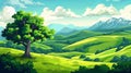 Vibrant Vistas: A Playful Cartoon Landscape of Towering Trees an