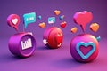 Social media icons over purple background with hearts