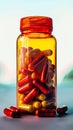 Vibrant vitamins fill clear bottle, red and yellow capsules inside Royalty Free Stock Photo