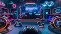 Vibrant VR Gaming Setup with Glowing Headsets Royalty Free Stock Photo