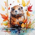 Vibrant Watercolor Beaver Painting With Autumn Leaves