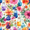 Vibrant Watercolor Botanical Elixir Bottles and Flowers Seamless Pattern Royalty Free Stock Photo