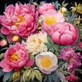 A Vibrant Watercolor Botanical Illustration Of A Bouquet Of Peonies By AI Generated