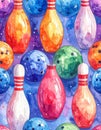 Vibrant Watercolor Bowling Pins and Balls Seamless Pattern Royalty Free Stock Photo