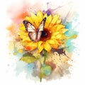 vibrant watercolor butterfly on a bright sunflower
