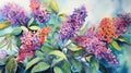 Vibrant Watercolor Butterfly Bush Flowers and Leaves AI Generated