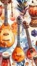 Vibrant Watercolor Collage of Diverse Musical Instruments Royalty Free Stock Photo