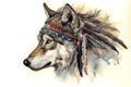 Vibrant watercolor depiction of a wolf embracing tribal traditions ai generation Royalty Free Stock Photo