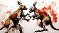 Generative AI, Fierce Encounter: Kangaroo Boxing in Watercolor