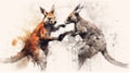 Generative AI, Fierce Encounter: Kangaroo Boxing in Watercolor