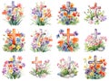 Vibrant Watercolor Flowers Adorning Crosses