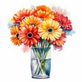 Vibrant Watercolor Flowers In A Vase: Red, Orange, And Cyan Illustrations