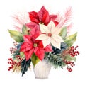 Vibrant Watercolor Holiday Flower Arrangement with Poinsettias, Holly, and Berries on White Background AI Generated Royalty Free Stock Photo