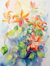 Vibrant Watercolor Honeysuckle Flowers and Leaves Intertwining AI Generated