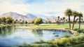 Serene Oasis: Watercolor Painting Of Golf On The Lake In Palm Springs