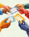 Diverse hands exchanging documents in a vibrant watercolor illustration, symbolizing communication, Royalty Free Stock Photo