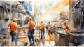 A vibrant watercolor illustration of a group of workmen wearing safety helmets and reflective vests, AI-Generated Royalty Free Stock Photo