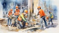 A vibrant watercolor illustration of a group of workmen wearing safety helmets and reflective vests, AI-Generated