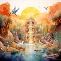 Vibrant Watercolor Illustration of Oasis of Oracles Royalty Free Stock Photo