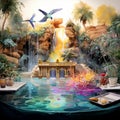Vibrant Watercolor Illustration of Oasis of Oracles Royalty Free Stock Photo