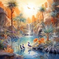 Vibrant Watercolor Illustration of Oasis of Oracles Royalty Free Stock Photo