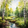 vibrant watercolor image of spring in the forest birch trees and a small freshwater stream,