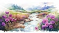 Vibrant Watercolor Landscape: Mountains, Streams, And Flowers Royalty Free Stock Photo