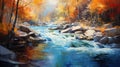 Energetic Autumn River In Forest: Realistic Watercolor Painting