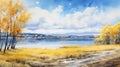 Impressive Watercolor Painting Of Yellow Trees And Lake In Panoramic Style