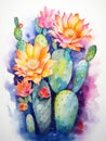 Vibrant Watercolor Moon Cactus Against White Background AI Generated