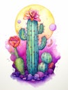 Vibrant Watercolor Moon Cactus Against White Background AI Generated