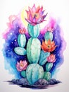 Vibrant Watercolor Moon Cactus Against White Background AI Generated