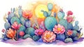 Vibrant Watercolor Moon Cactus Against White Background AI Generated