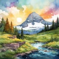 Vibrant Watercolor Mountain Background With Sunset And Nature Elements Royalty Free Stock Photo