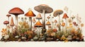 Vibrant watercolor mushroom collection. Seasonal fungi in rich autumn hues. Botanical illustration of edible and wild varieties.