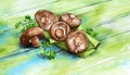 A vibrant watercolor of mushrooms and parsley,