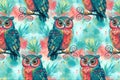 Vibrant Watercolor Owls In Seamless Repeat Pattern Royalty Free Stock Photo