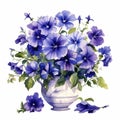 Vibrant Watercolor Painting Of Blue Flowers In A Porcelain Vase Royalty Free Stock Photo