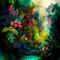 Vibrant watercolor painting captures the lush beauty of a tropical jungle