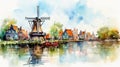 Delta Of Netherlands: Watercolor Illustration Of Windmill And Houses Near Lake