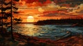 Sunset Over Water: A Bold And Lively Coastal Landscape In The Style Of Patrick Brown